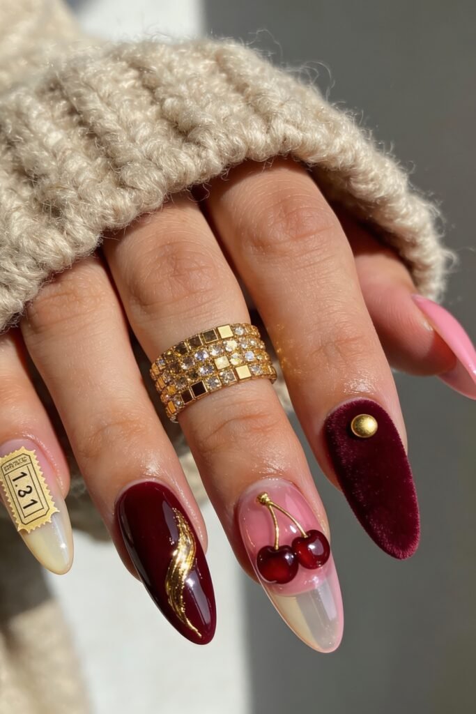 Gold Birthday Nails That Feel So Chic 14 Close-up of long almond nails in ivory, burgundy, and pink featuring a ticket detail reading 7.31, a gold swoosh, translucent tips, 3D cherry art, and a velvet burgundy accent with a gold stud