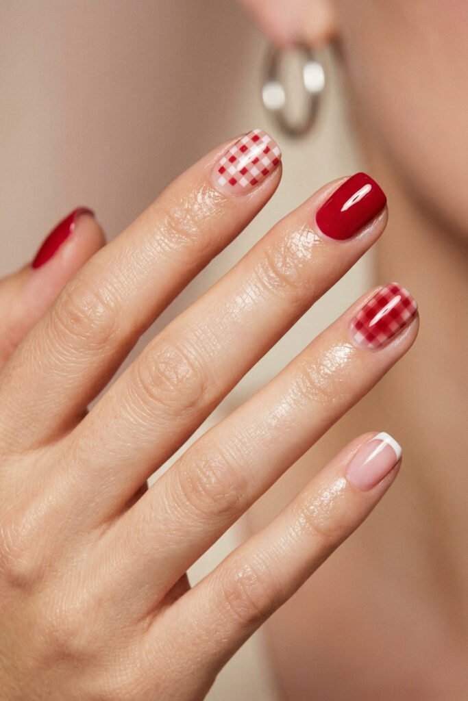 Close up of short nails with glossy red polish gingham nail art and a crisp white French tip against a warm sunlit background