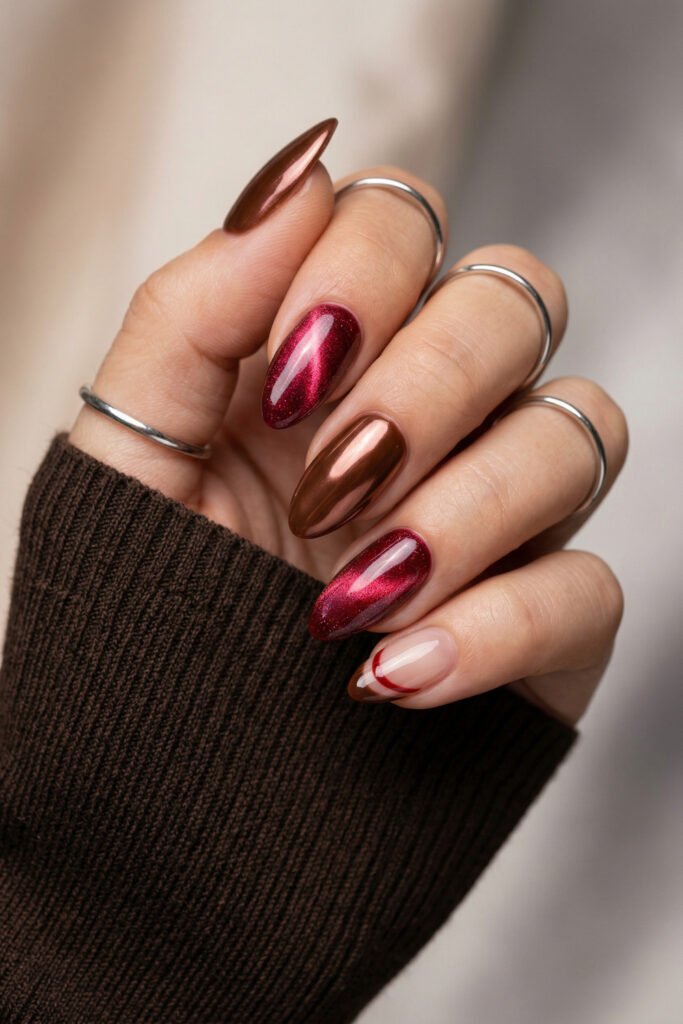 Brown And Red Nails That Make Every Look Richer 14 Hand with metallic red cat eye nails and bronze chrome accents plus a nude swirl tip nail against a soft neutral background