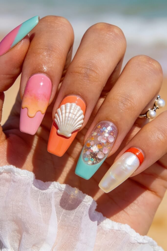 Summer Birthday Nails That Feel Fresh and Fun 15 Hand with beach inspired square nails featuring pink drip art a 3D shell glitter bubbles aqua ombre and a pearly French tip