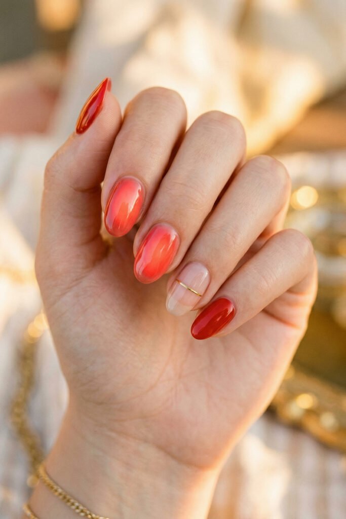 Almond nails with soft coral ombre polish a nude accent nail with a thin gold stripe and one glossy red nail in golden light
