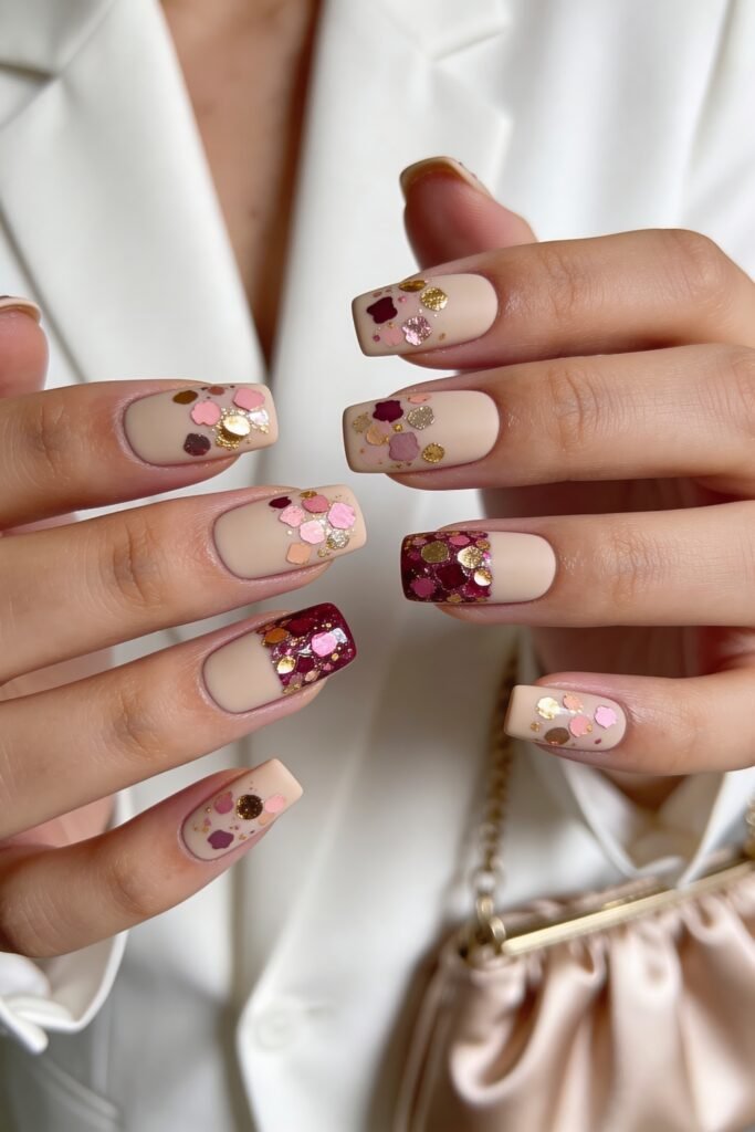 Two hands with nude square nails decorated with pink, burgundy, and gold confetti accents and glitter-dense French tips