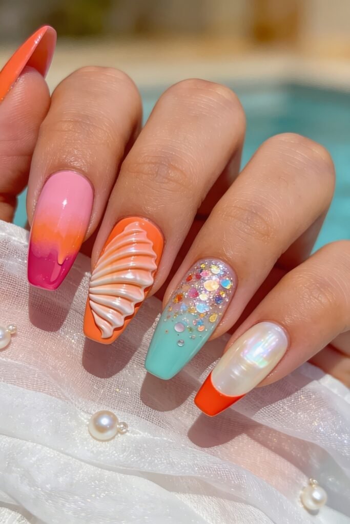 Summer Birthday Nails That Feel Fresh and Fun 16 Hand with beach inspired square nails featuring pink and orange drip art a raised shell glitter confetti aqua ombre and a pearly orange tip