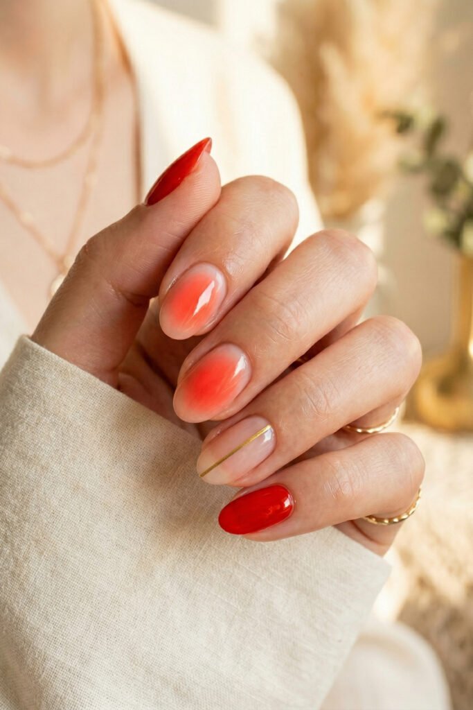 Close up of almond nails with coral aura ombre polish a nude accent with a fine gold stripe and a glossy red nail