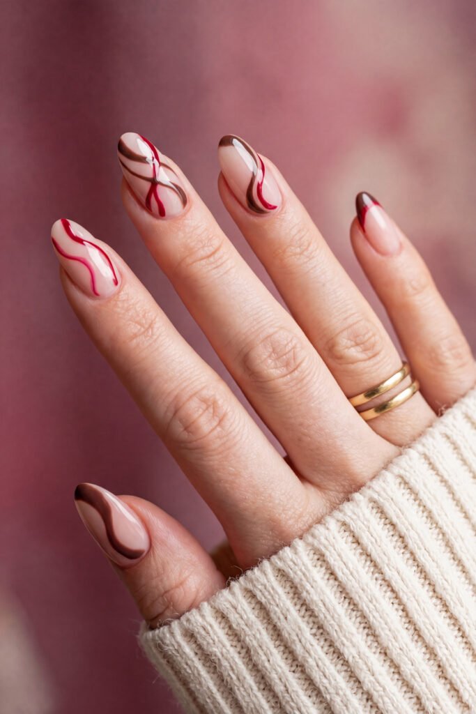 Brown And Red Nails That Make Every Look Richer 16 Hand with nude almond nails featuring red and brown abstract swirls and soft brown tips against a pink blurred background