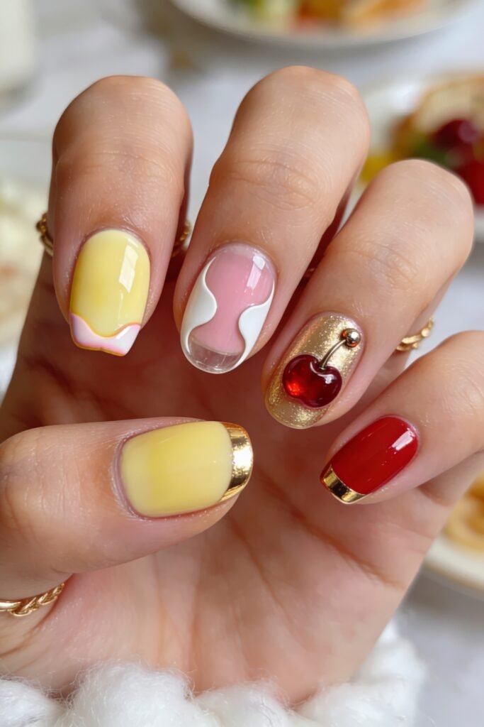 Summer Birthday Nails That Feel Fresh and Fun 17 Hand with short nails featuring pastel yellow pink and red polish with gold tips a wavy abstract accent and a raised red cherry design