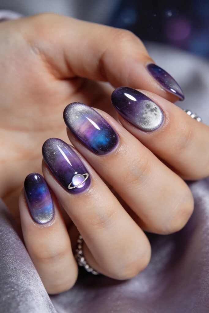 Close-up of purple and blue galaxy-inspired almond nails with moon and Saturn accent art