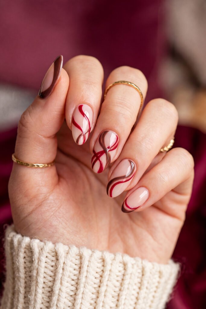 Brown And Red Nails That Make Every Look Richer 17 Close up of nude almond nails with flowing red and brown swirl designs against a rich burgundy background