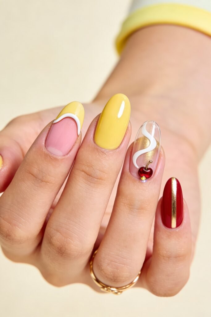 Summer Birthday Nails That Feel Fresh and Fun 18 Hand with almond nails featuring yellow pink and red polish with white swirls a clear accent and a raised cherry design