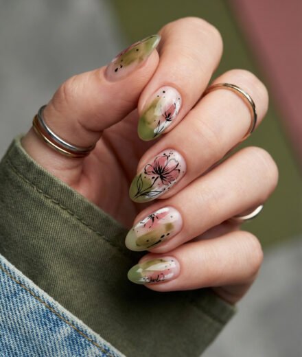 Olive green and sheer almond edgy spring nails with pink floral art, black speckles, and delicate leaf details on a natural nude base.