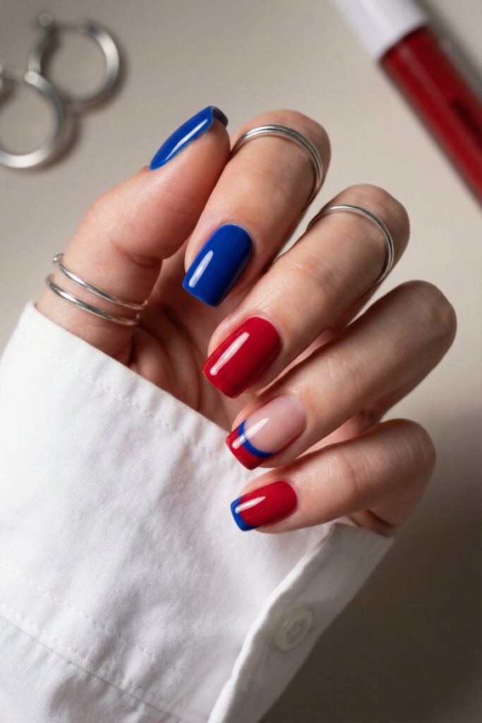 Square blue and red nails with glossy solid color, curved French accent on a nude base, and clean graphic contrast

