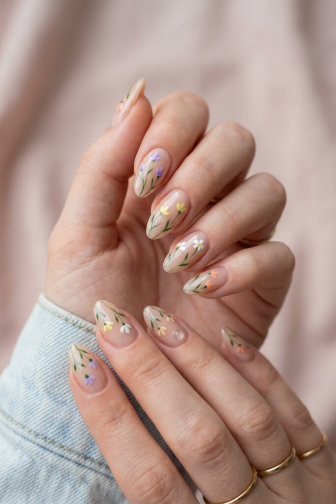 Almond floral spring nails with nude sheer base and delicate hand-painted wildflowers in purple, yellow, white, and peach with slim green stems.

