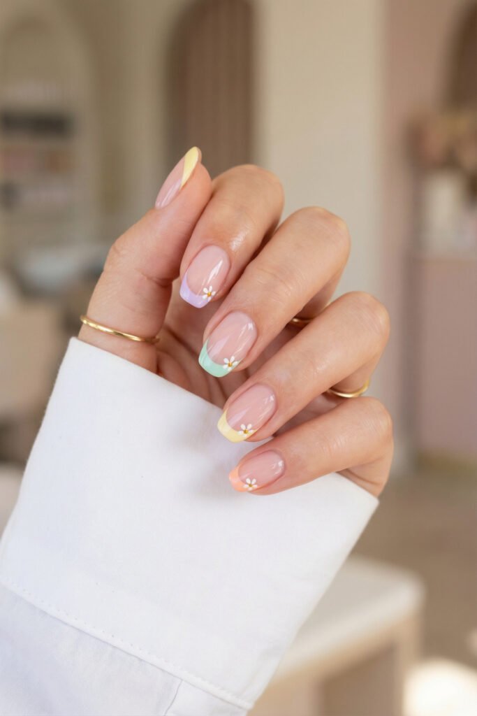Spring Summer Nails That Feel Fresh and Easy 1 Soft pastel spring summer nails with lilac, mint, yellow, and peach French tips, tiny daisy accents, and a glossy sheer pink base.