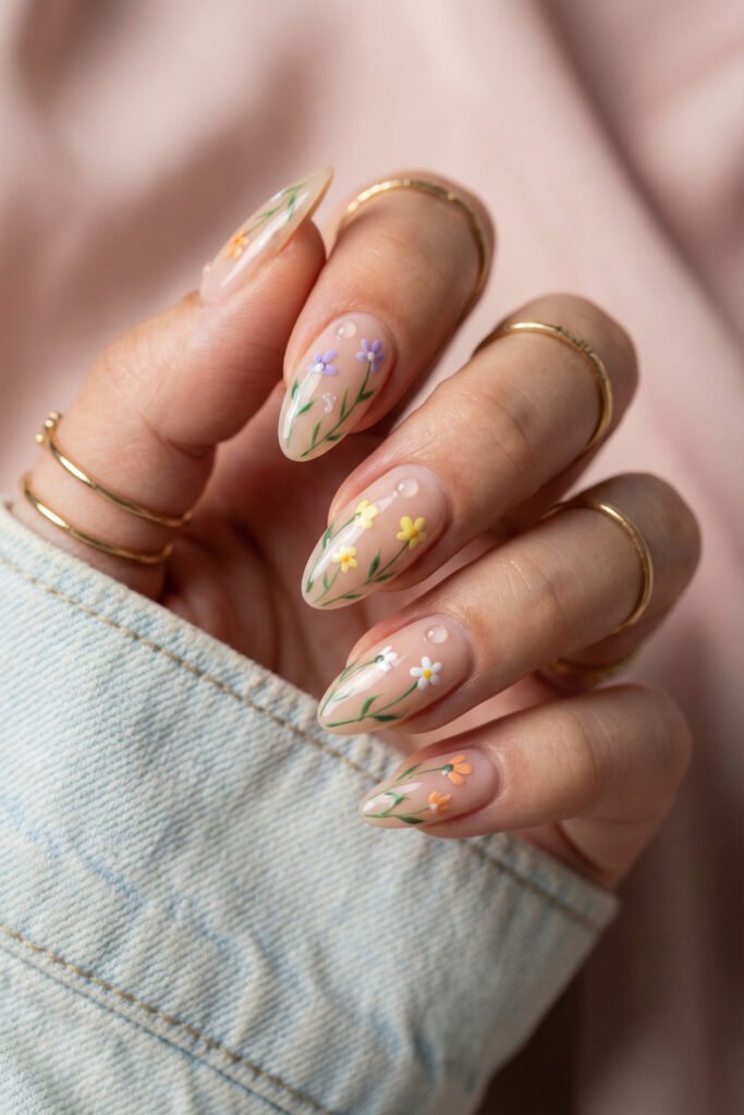 Close-up of glossy almond floral spring nails with soft nude base, tiny painted blooms, leafy stems, and clear dew-drop accents for a fresh spring look.
