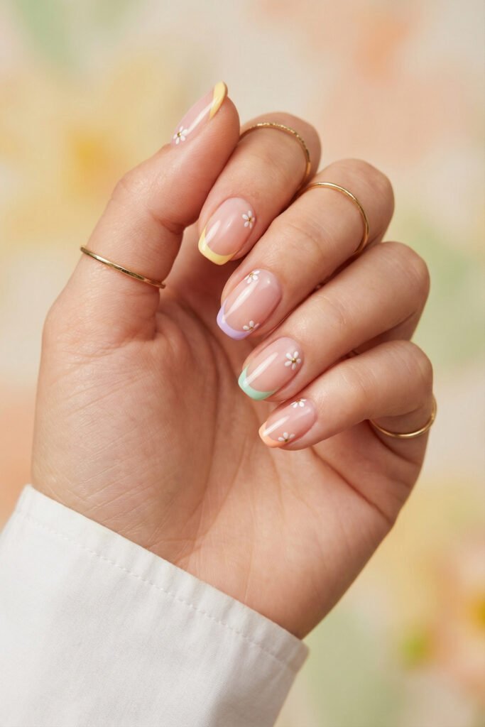 Spring Summer Nails That Feel Fresh and Easy 2 Glossy nude nails with pastel French tips in yellow, lilac, mint, and peach, finished with tiny daisy accents for a delicate spring summer nails look.