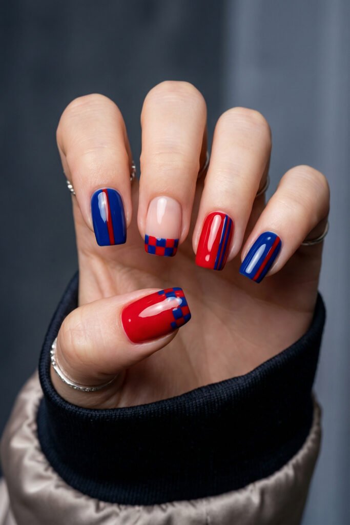 Short square blue and red nails with glossy checkerboard tips, vertical stripes, and a nude accent nail for a clean graphic manicure
