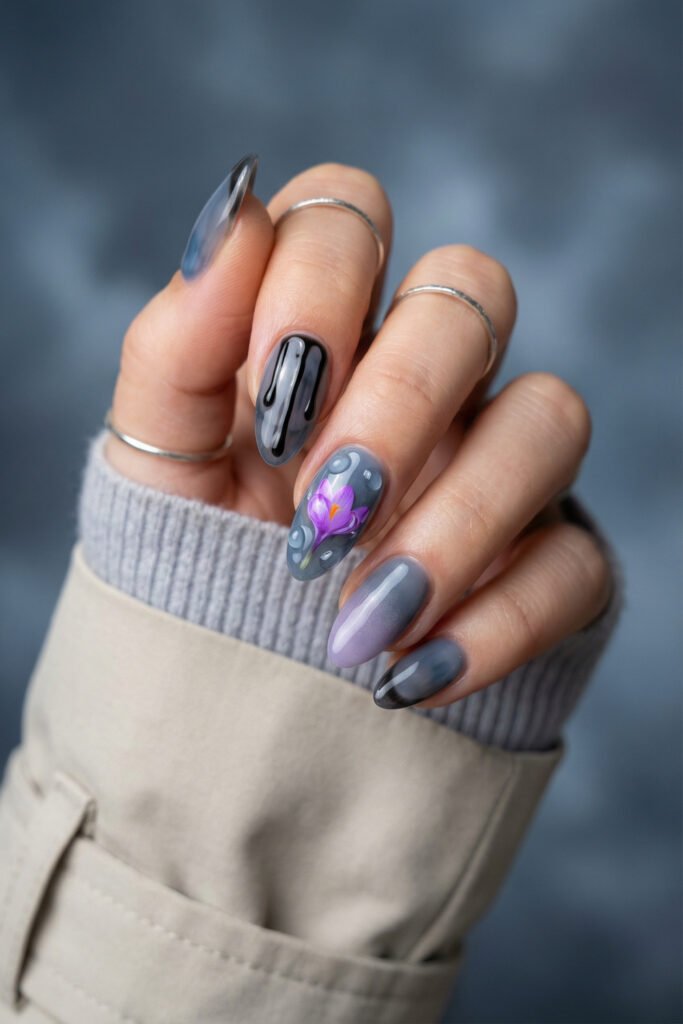 Smoky gray edgy spring nails with black drip art, a lilac ombré accent, water droplet details, and a purple crocus flower design.
