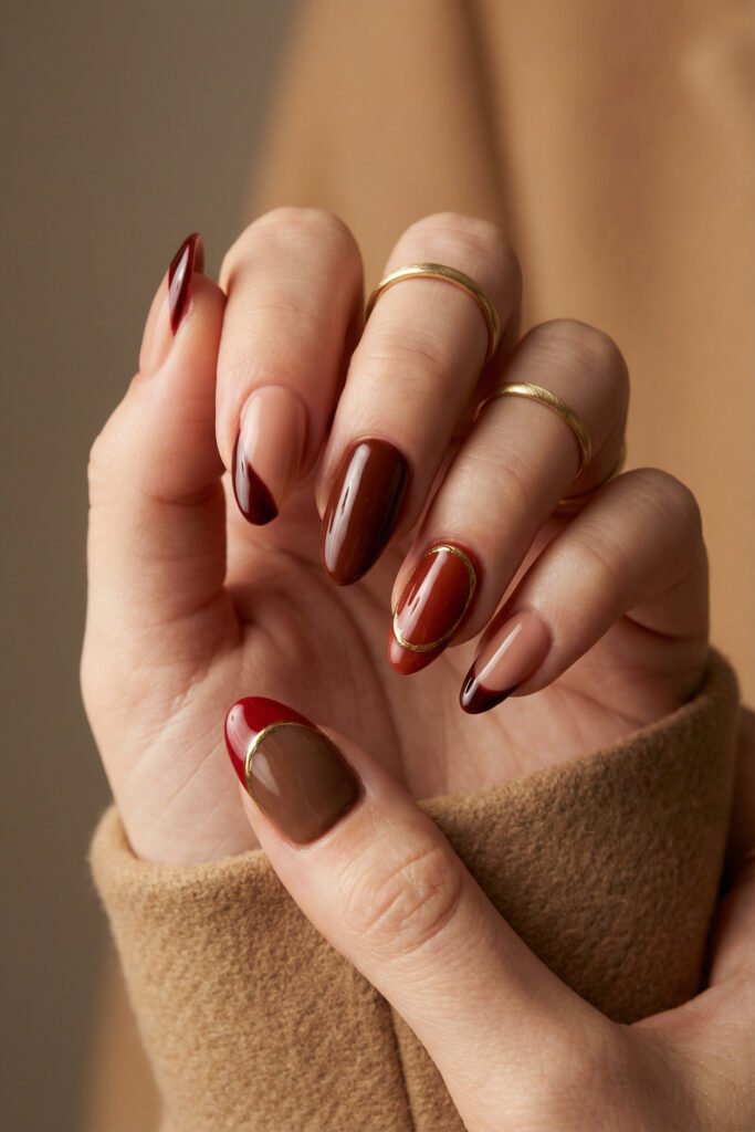 Almond fall red nails with oxblood, mocha, nude, and gold accents, including curved French details and a fine metallic outline.
