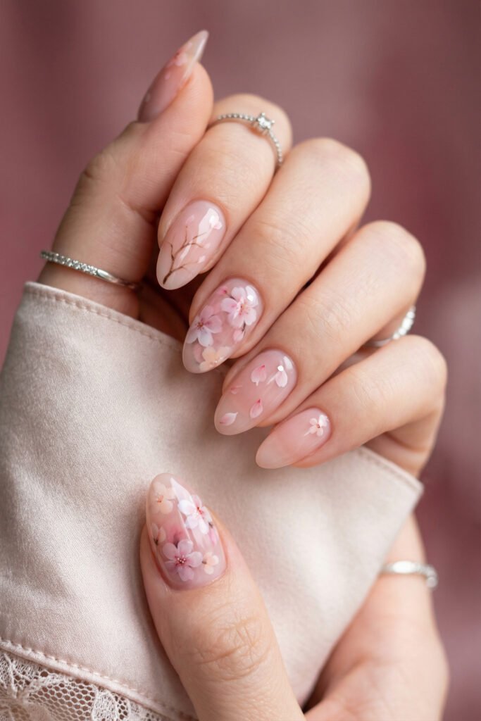 Glossy almond floral spring nails with sheer pink nude base, soft cherry blossom art, petal accents, and delicate brown branch detailing.
