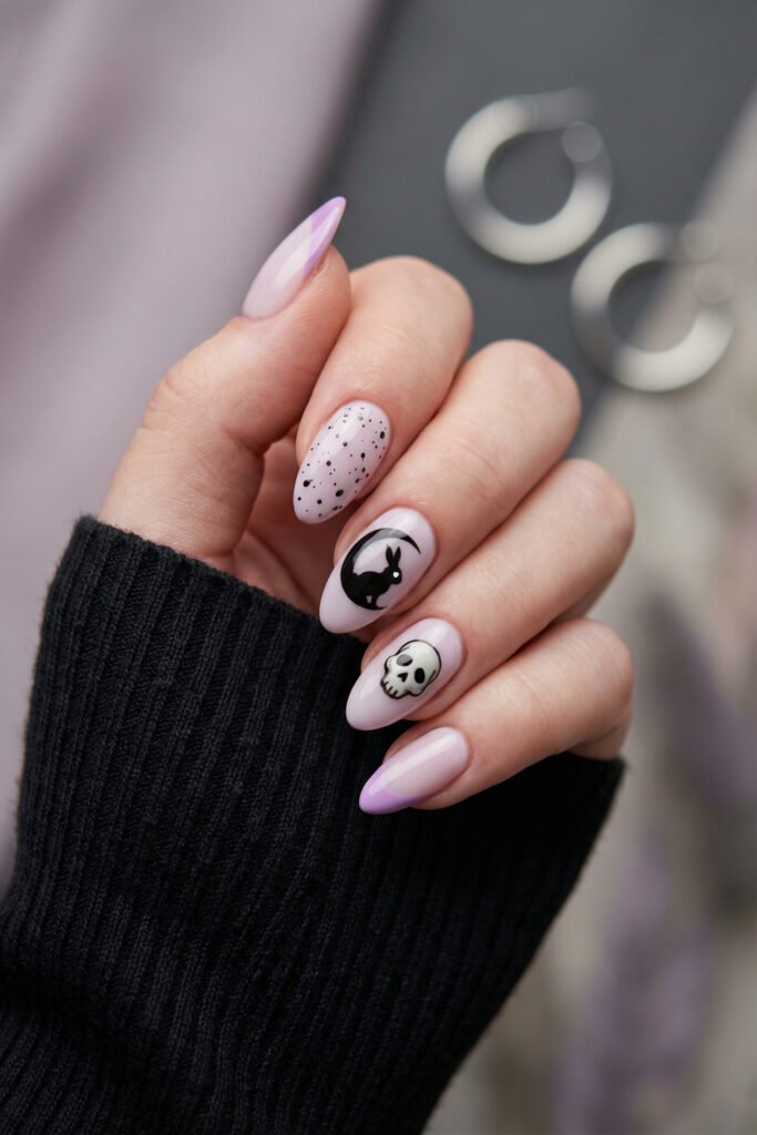 Pale lilac almond nails with black speckles, a bunny silhouette, and a skull accent for a cute-meets-spooky spring goth nails design.
