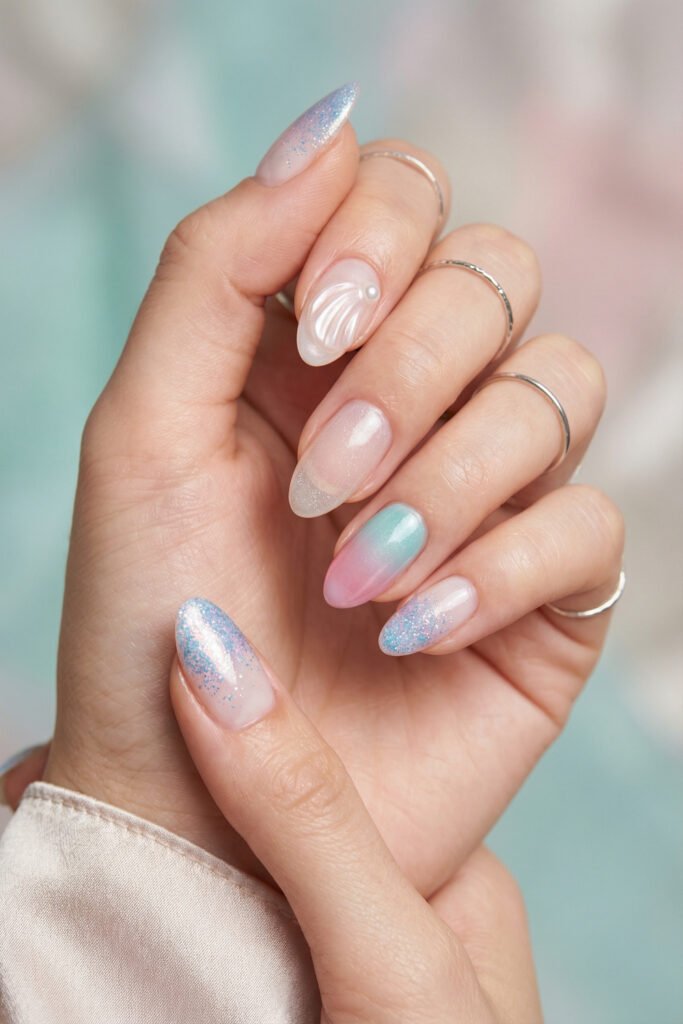 Spring Summer Nails That Feel Fresh and Easy 17 Pearly spring summer nails with a shell-inspired 3D accent, iridescent glitter, and a pink-to-mint ombré nail on glossy almond tips.