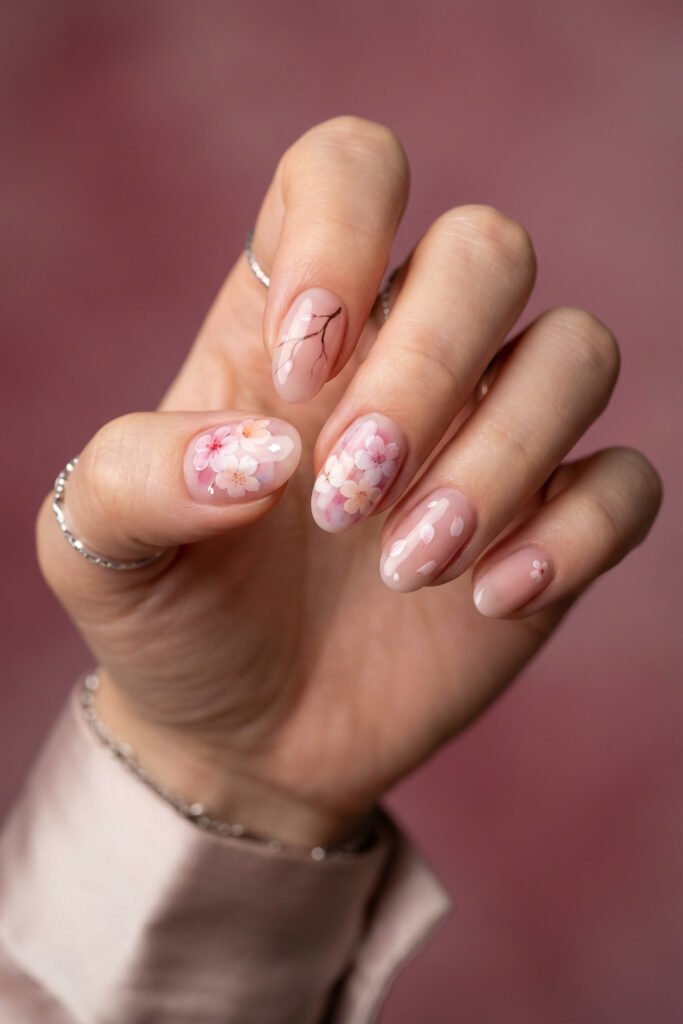 Almond floral spring nails with translucent blush base, hand-painted sakura blossoms, drifting petals, and a fine cherry branch design.
