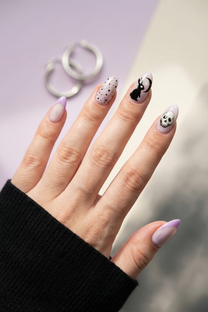 Pastel lilac almond nails with ombré tips, black bunny art, speckled detail, and a skull accent for playful spring goth nails.
