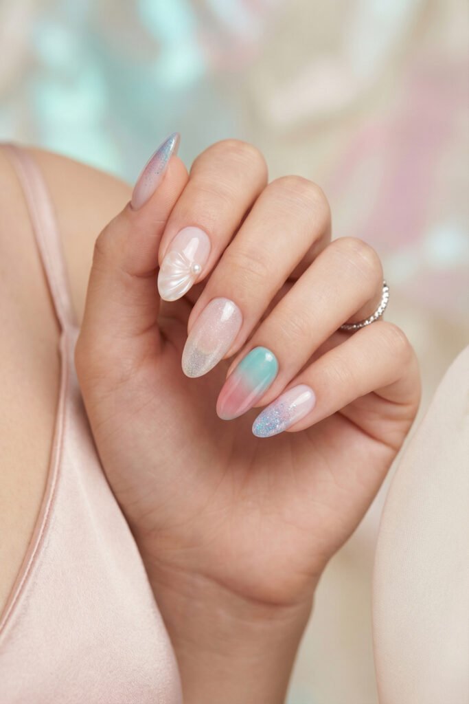 Spring Summer Nails That Feel Fresh and Easy 18 Soft shimmer spring summer nails with pearl shell art, fine glitter accents, and a dreamy pink and aqua ombré manicure.