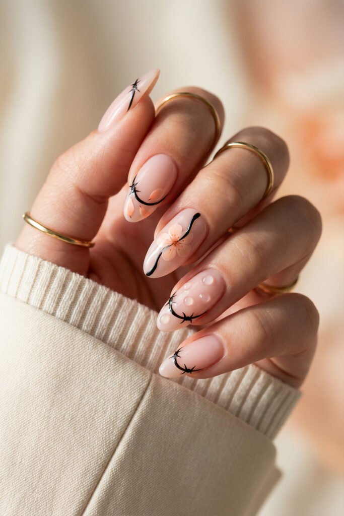 Nude edgy spring nails with peach blossom art, black thorn-like line details, and raised clear droplets on glossy almond nails.
