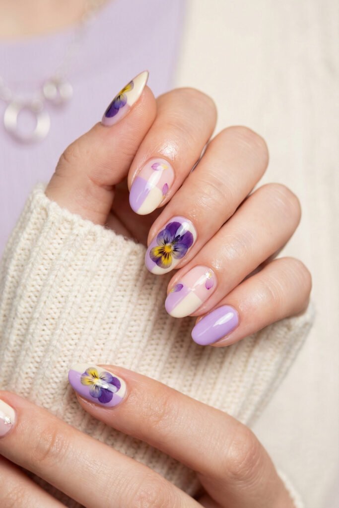 Lilac and cream floral spring nails with glossy color-block details, purple pansy art, and almond-shaped tips for a fresh pastel look.
