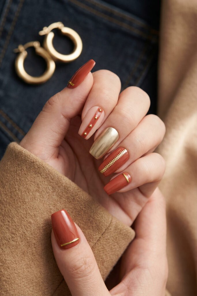 Chic Gold and Red Nails for a Bold, Polished Look 22 Hand with warm brown coffin nails featuring a brushed gold chrome accent nail gold studs and a zipper inspired detail against a camel coat