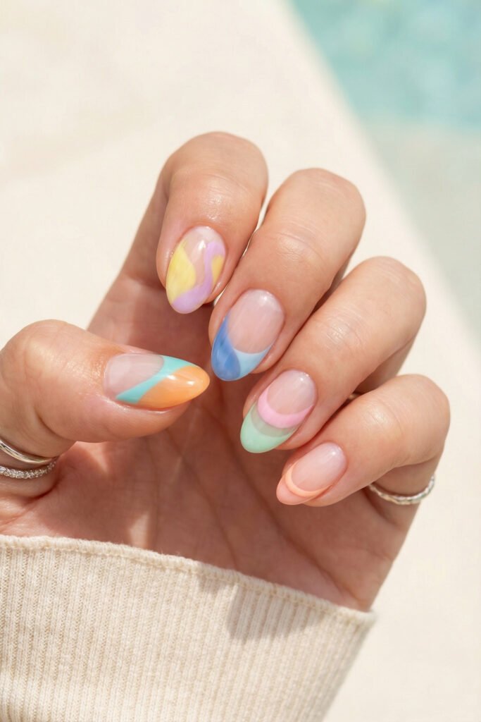 Spring Summer Nails That Feel Fresh and Easy 19 Pastel abstract spring summer nails with curved French details in peach, mint, blue, pink, and yellow on a glossy sheer base.