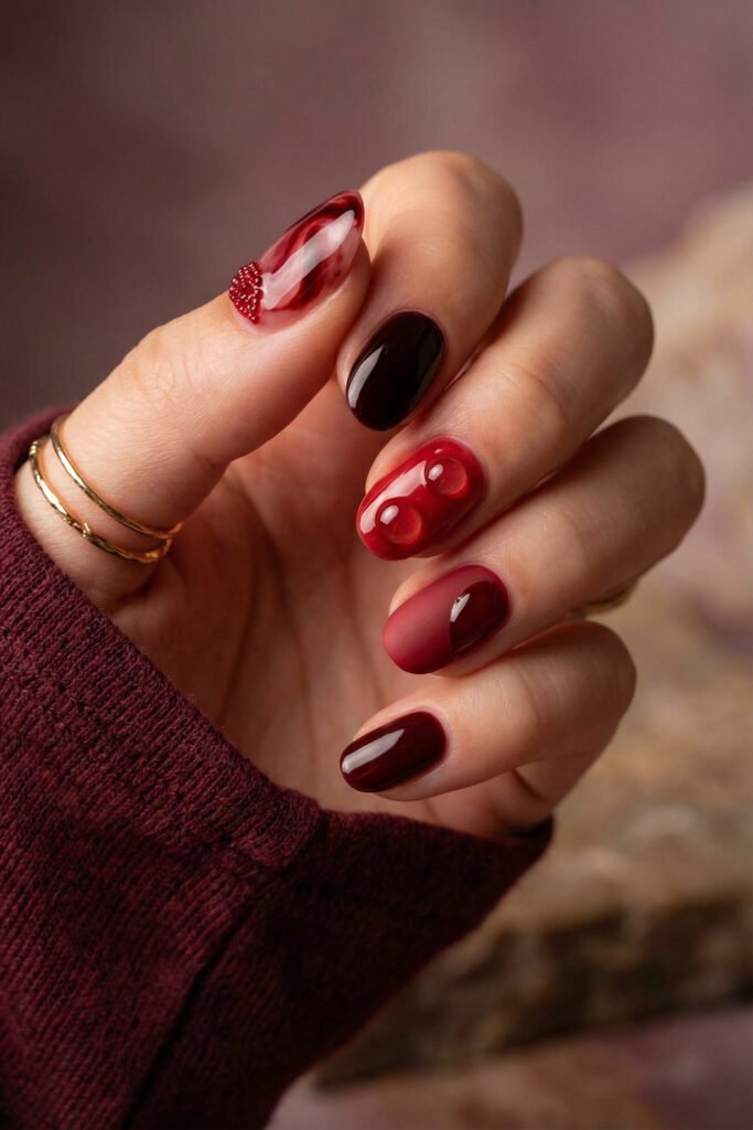 Glossy fall red nails with oxblood polish, 3D bubble accents, a matte berry ombré nail, and a sheer smoky thumb with tiny bead detail.
