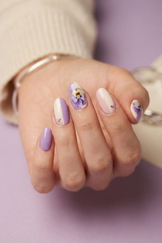 Glossy almond floral spring nails with lavender and ivory color blocking, mini petal accents, and bold pansy flower nail art.
