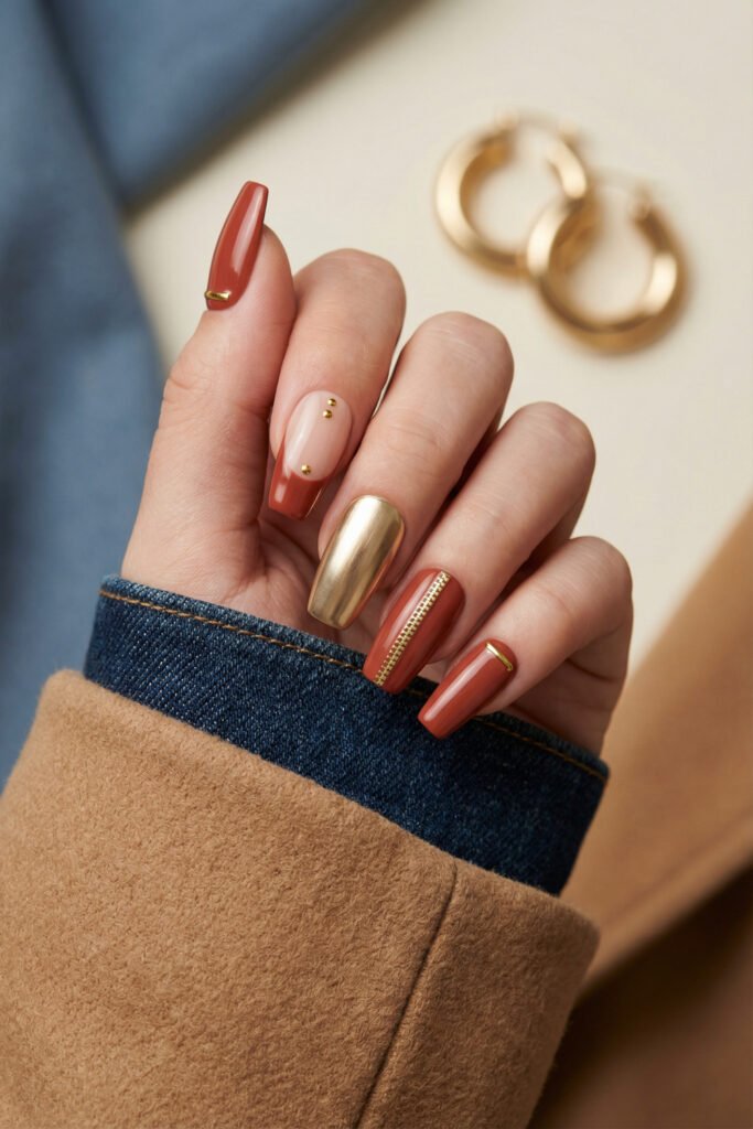Chic Gold and Red Nails for a Bold, Polished Look 23 Close up of a hand with cinnamon brown coffin nails featuring gold stud accents a brushed gold nail and a zipper design with denim and camel layers