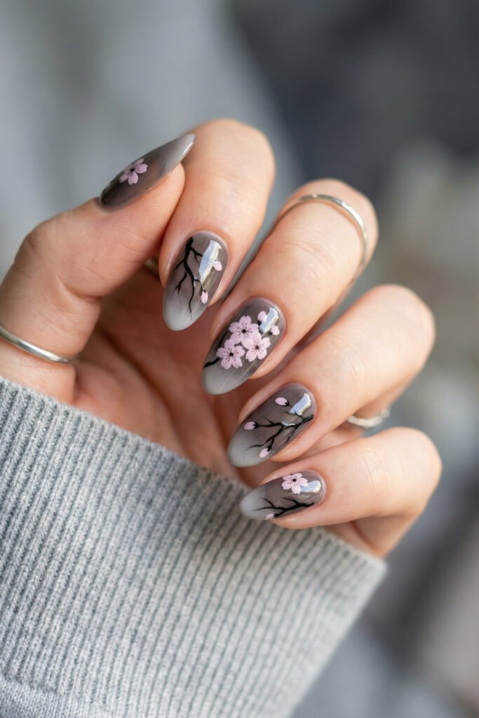 Gray ombré almond nails with glossy cherry blossom art and black branches, a refined spring goth nails manicure with soft floral contrast.

