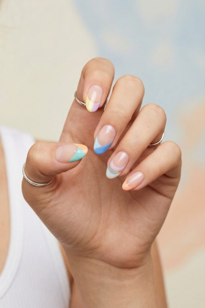 Spring Summer Nails That Feel Fresh and Easy 20 Pastel spring summer nails with geometric French tips in aqua, peach, butter yellow, lilac, and blue on a glossy sheer nude base.