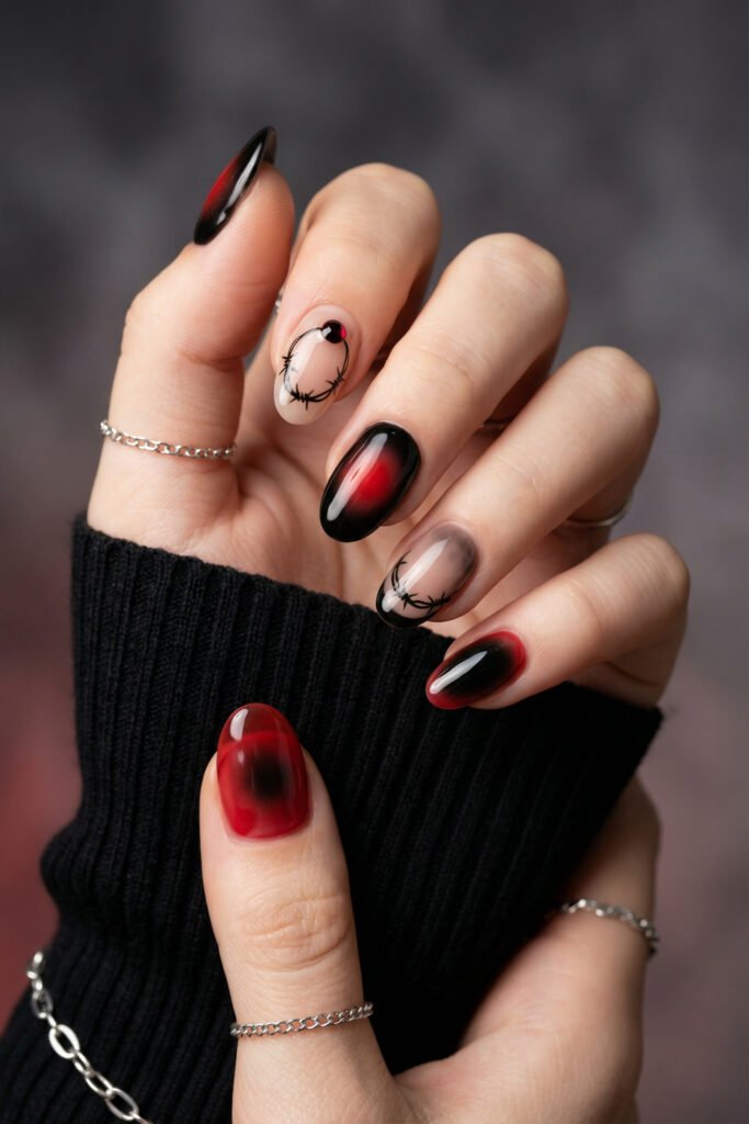 Black and Red Nails for a Bold, Polished Look 22 Hand with silver chain rings showing smoky red and black almond nails with barbed wire accents and tiny red gems