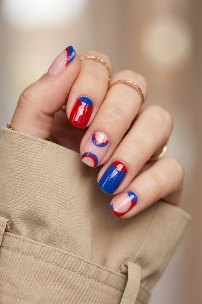 Short blue and red nails with glossy color blocking, curved half-moon accents, and sheer negative space for a fresh minimalist manicure
