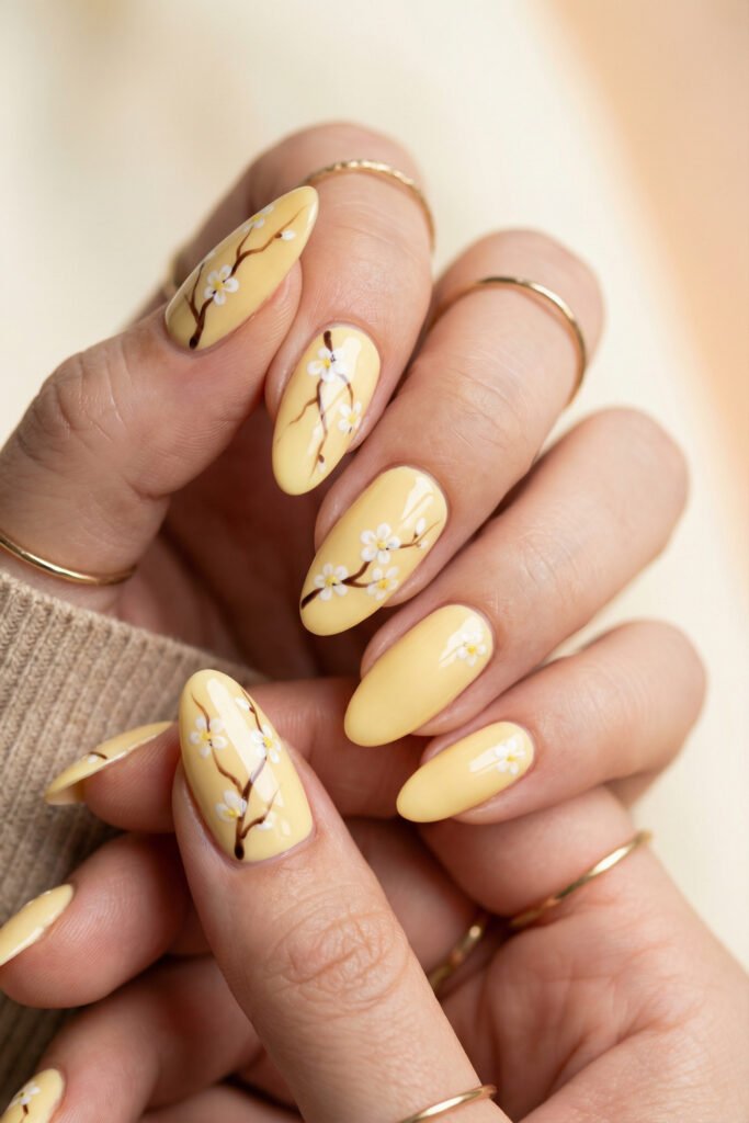 Butter yellow floral spring nails with almond shape, white blossom accents, and brown branch details for a cheerful seasonal manicure.
