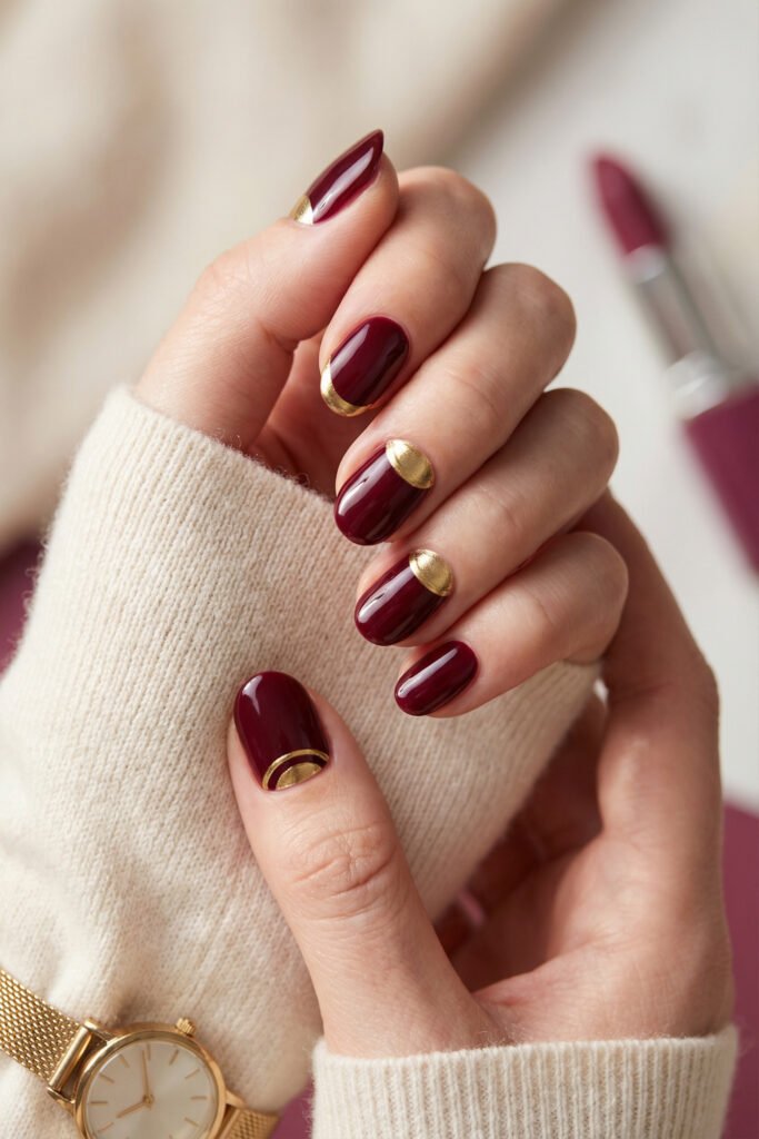 Chic Gold and Red Nails for a Bold, Polished Look 24 Hand with glossy burgundy oval nails featuring gold half moon accents with a cream sweater and gold watch against a soft beauty background