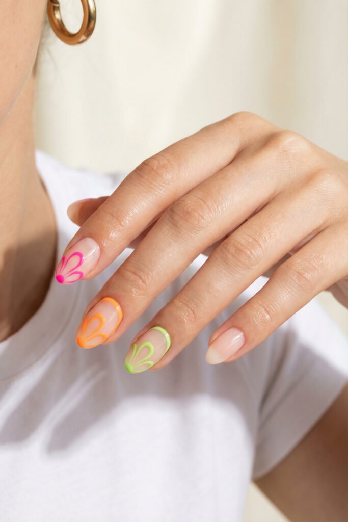 Spring Summer Nails That Feel Fresh and Easy 21 Neon spring summer nails with outlined floral petals in pink, orange, and lime over a glossy nude base and one minimalist solid nude nail.