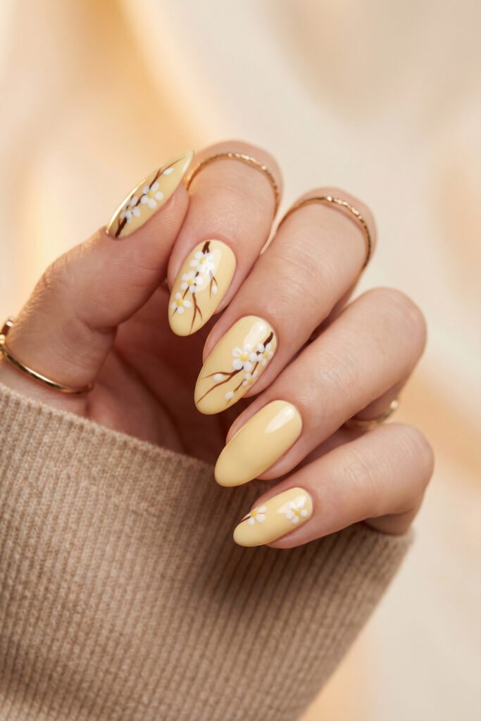 Glossy yellow floral spring nails with almond shape, tiny white blossoms, and slim brown branch art on a soft pastel base.
