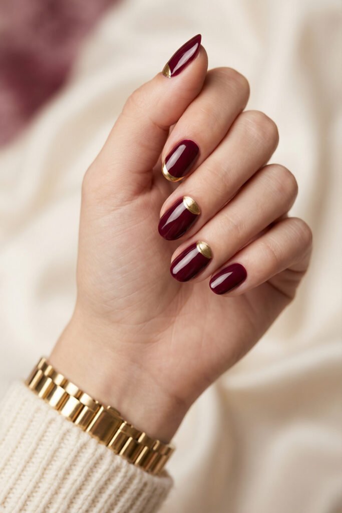 Chic Gold and Red Nails for a Bold, Polished Look 25 Close up of a hand with deep burgundy oval nails and metallic gold half moon accents with a cream knit sleeve against a softly blurred background
