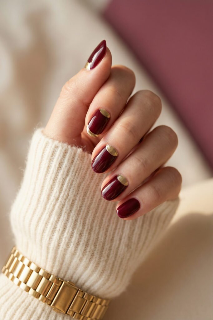 Chic Gold and Red Nails for a Bold, Polished Look 26 Hand with red and nude almond nails featuring flowing gold chrome swirls and a full gold accent nail with stacked rings and a black sleeve