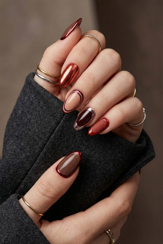 Editorial fall red nails with metallic copper chrome, nude oval outline art, smoky dark accents, and warm rust glossy tones.
