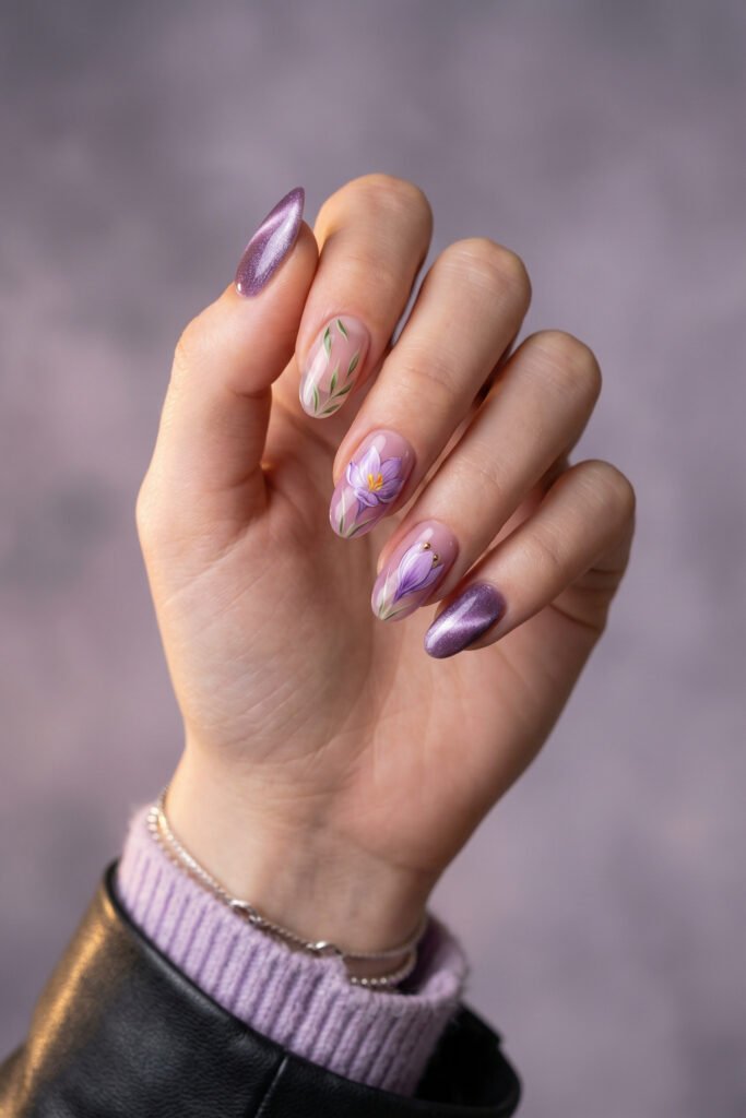 Glossy almond floral spring nails with pink nude base, hand-painted purple crocus blooms, green leaves, and shimmering violet accent nails.
