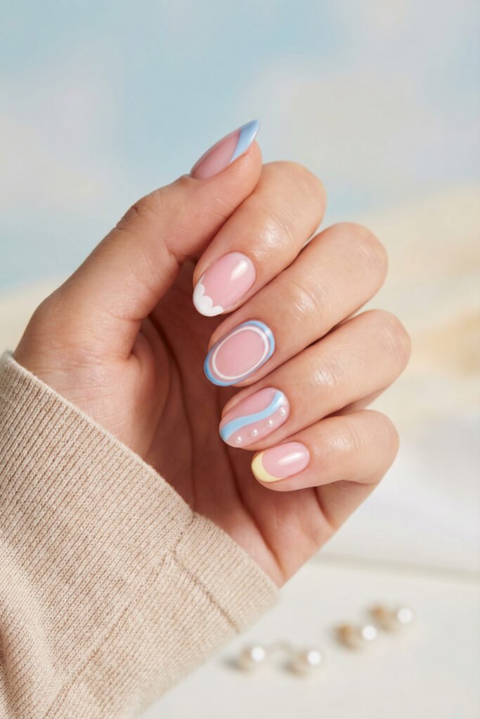 Spring Summer Nails That Feel Fresh and Easy 22 Pastel spring summer nails with a soft pink base, blue oval outline, pearl accents, white cloud detail, and yellow and blue tips.