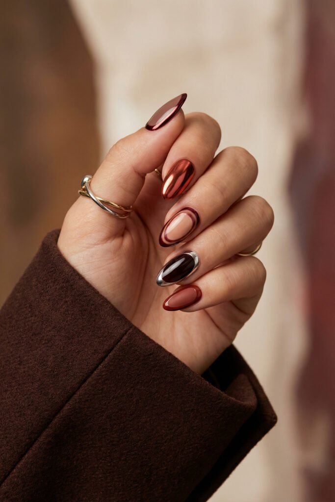 Almond fall red nails in copper chrome, cocoa brown, terracotta, and nude with layered outline details and glossy finishes.

