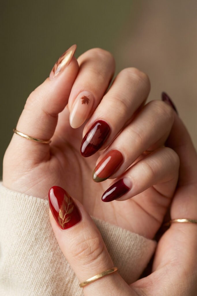 Nature-inspired fall red nails with a nude leaf accent, glossy burgundy, brown-red gradients, olive tips, and gold botanical art.
